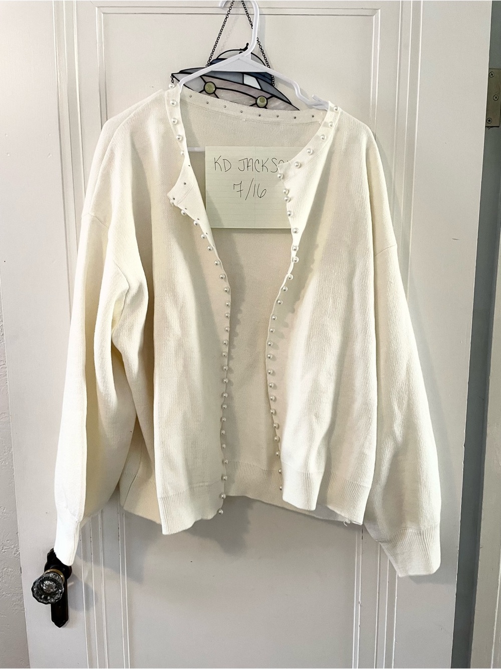 Ivory Pearl-Trim Women's Cardigan Sweater